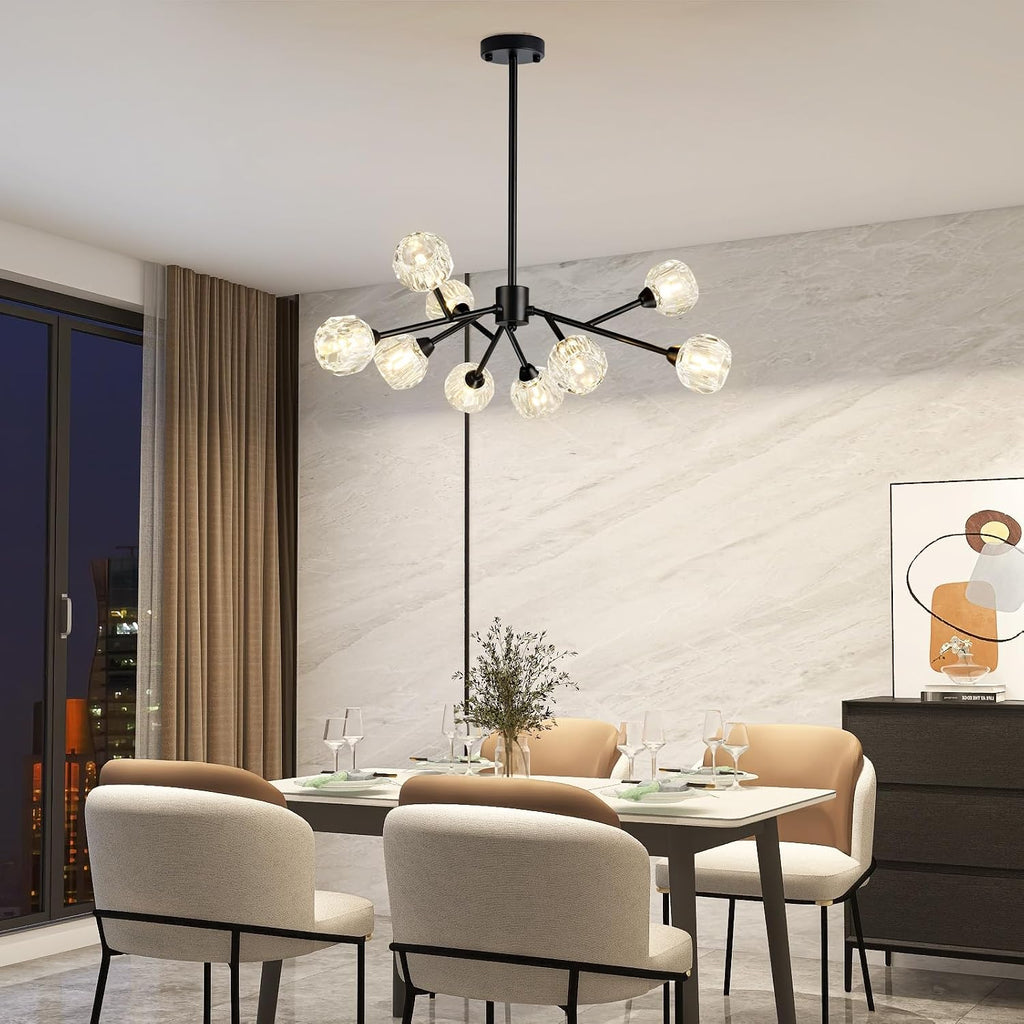 Weesalife Sputnik Chandeliers for Dining Room Light Fixture Over Table, Modern Crystal Chandeliers, 9 Lights Black Lighting Fixtures for Living Room Bedroom Kitchen Island Bar