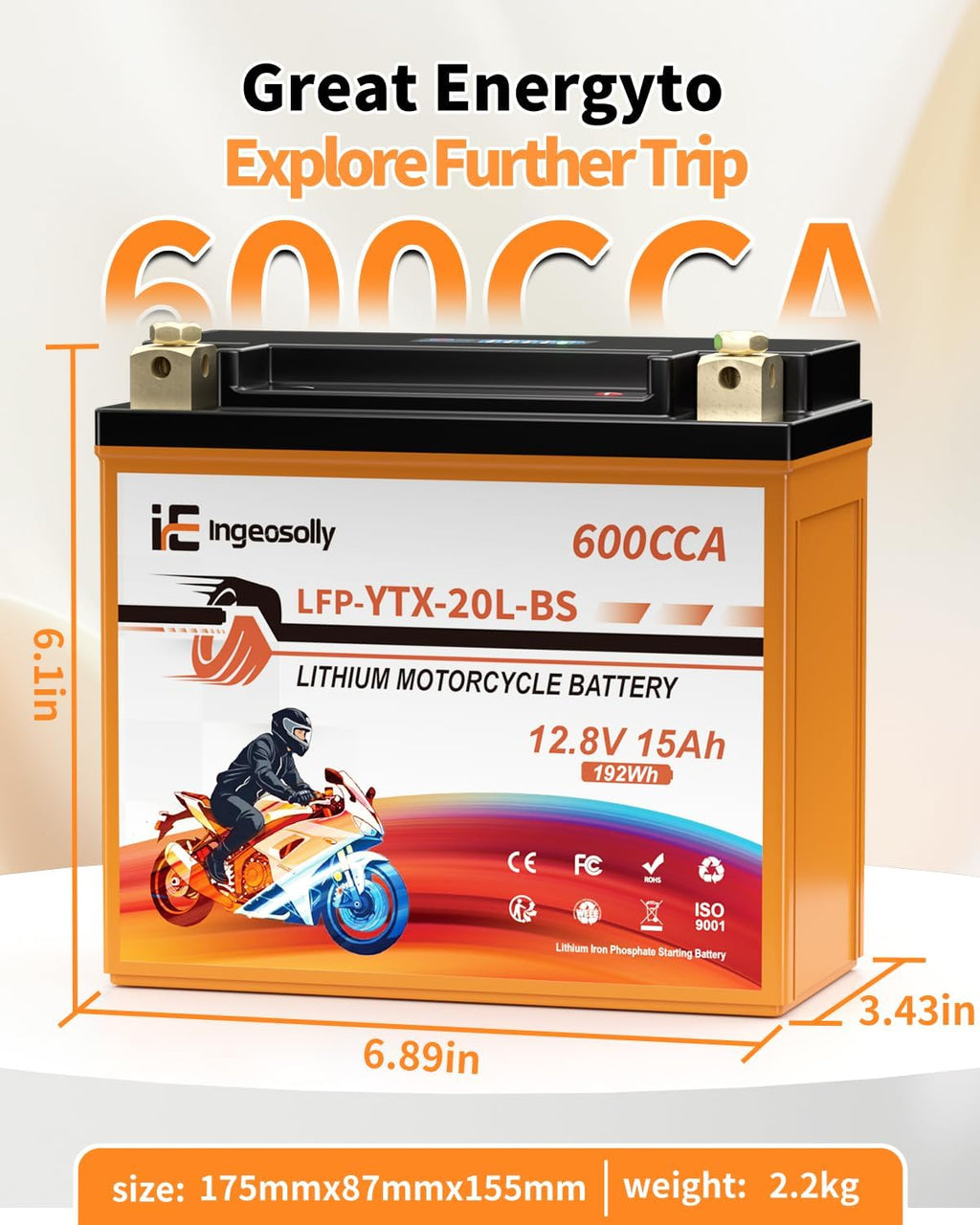 LiFePO4 YTX20L-BS Motorcycle Battery, 12V 15AH Powersports Battery- 600CCA Motorcycle Start Batteries for ATV, UTV, Jet Ski, Snowmobile, Generator and Riding Lawn Mower Battery
