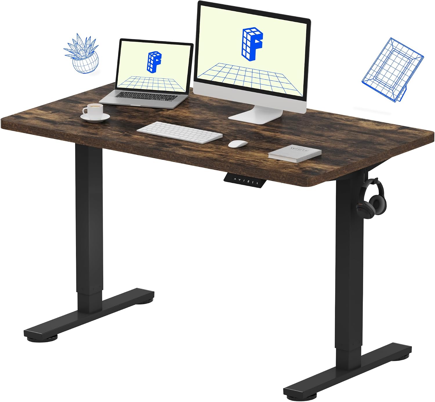 FLEXISPOT EN1 One-Piece Standing Desk, Electric Adjustable with 4 Memory Presets, 176 LBS Capacity, Stable & Quiet, Seamless Desktop for Home Office & Dual Monitors, 48'x24' Rustic Brown