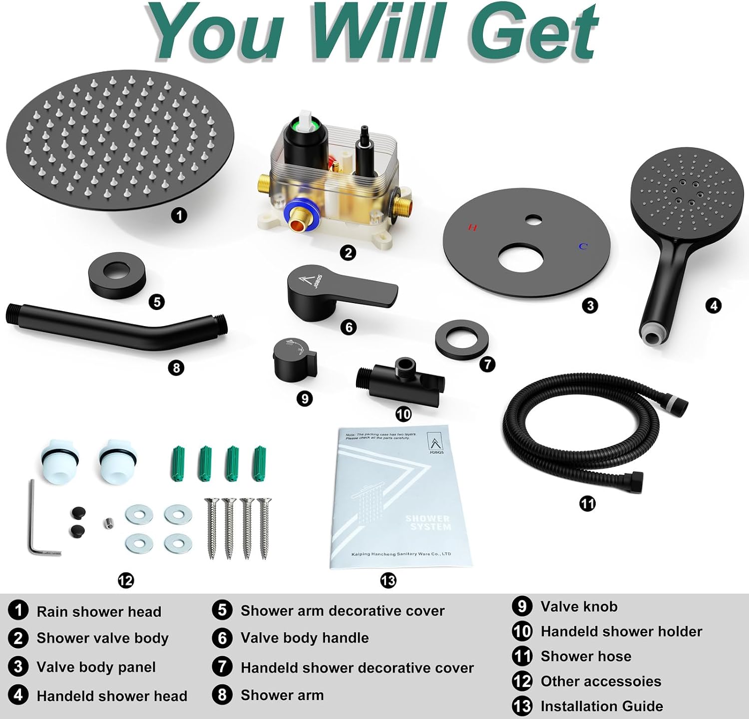 Shower Faucet Set 12IN Brass Rough-In Valve Body Trim Kit Rainfall Included Handle Accessories Complete 2 Functions with Rain Head and Handheld Bathroom Systems (12'', Matte Black)