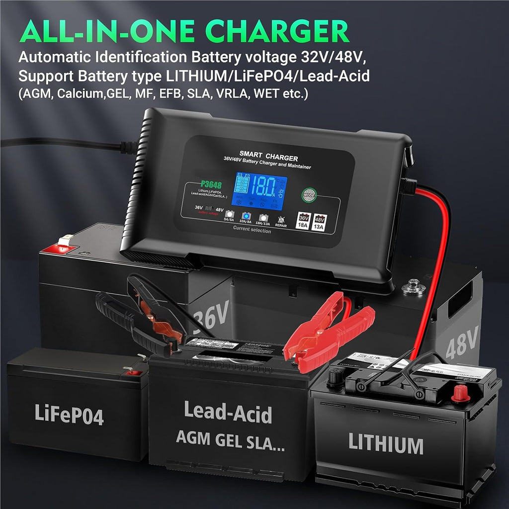 Smart 36V/48V 18A Battery Charger & Maintainer – 4-Mode LiFePO4/AGM/Lead-Acid Battery Charger with Pulse Repair, Auto Temp Control for Car, Golf Cart, Marine, Truck, Lawn Mower