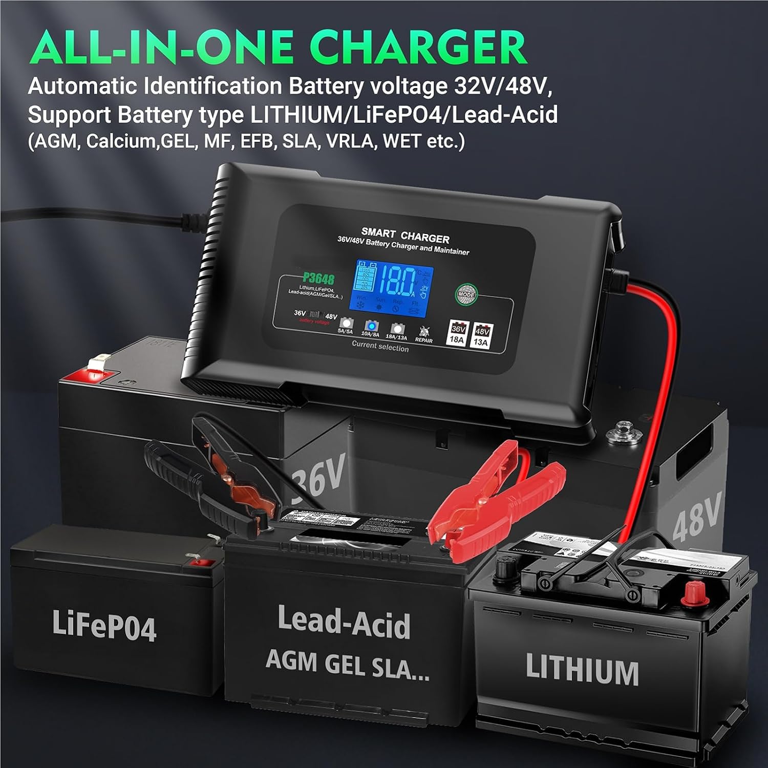 Smart 36V/48V 18A Battery Charger & Maintainer – 4-Mode LiFePO4/AGM/Lead-Acid Battery Charger with Pulse Repair, Auto Temp Control for Car, Golf Cart, Marine, Truck, Lawn Mower