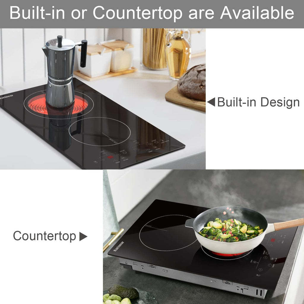 Karinear 110V Electric Cooktop 2 Burners, Countertop & Built-in Electric Stove Top Plug in