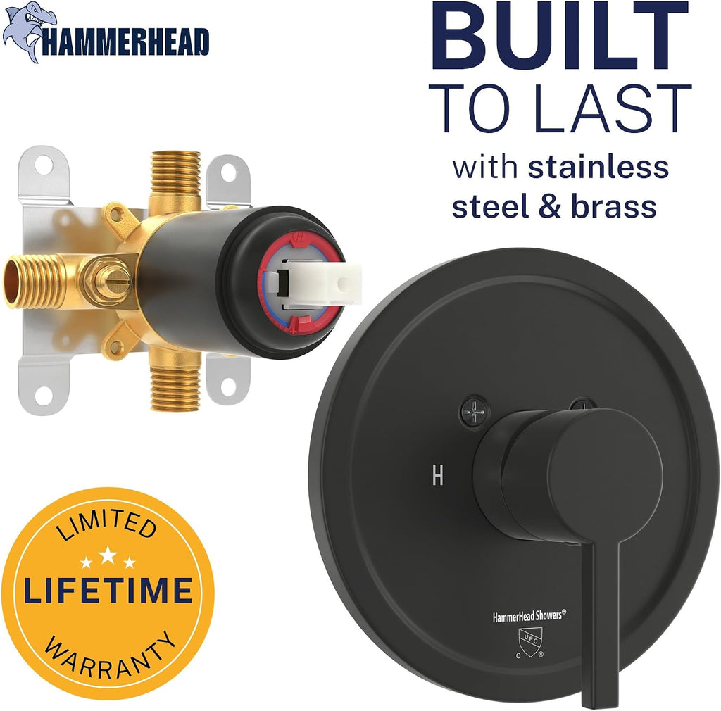 HammerHead Showers Solid Metal Single-Handle Trim Kit with Rough-In Shower Valve, Volume and Temperature Control, Pressure Balance, Matte Black