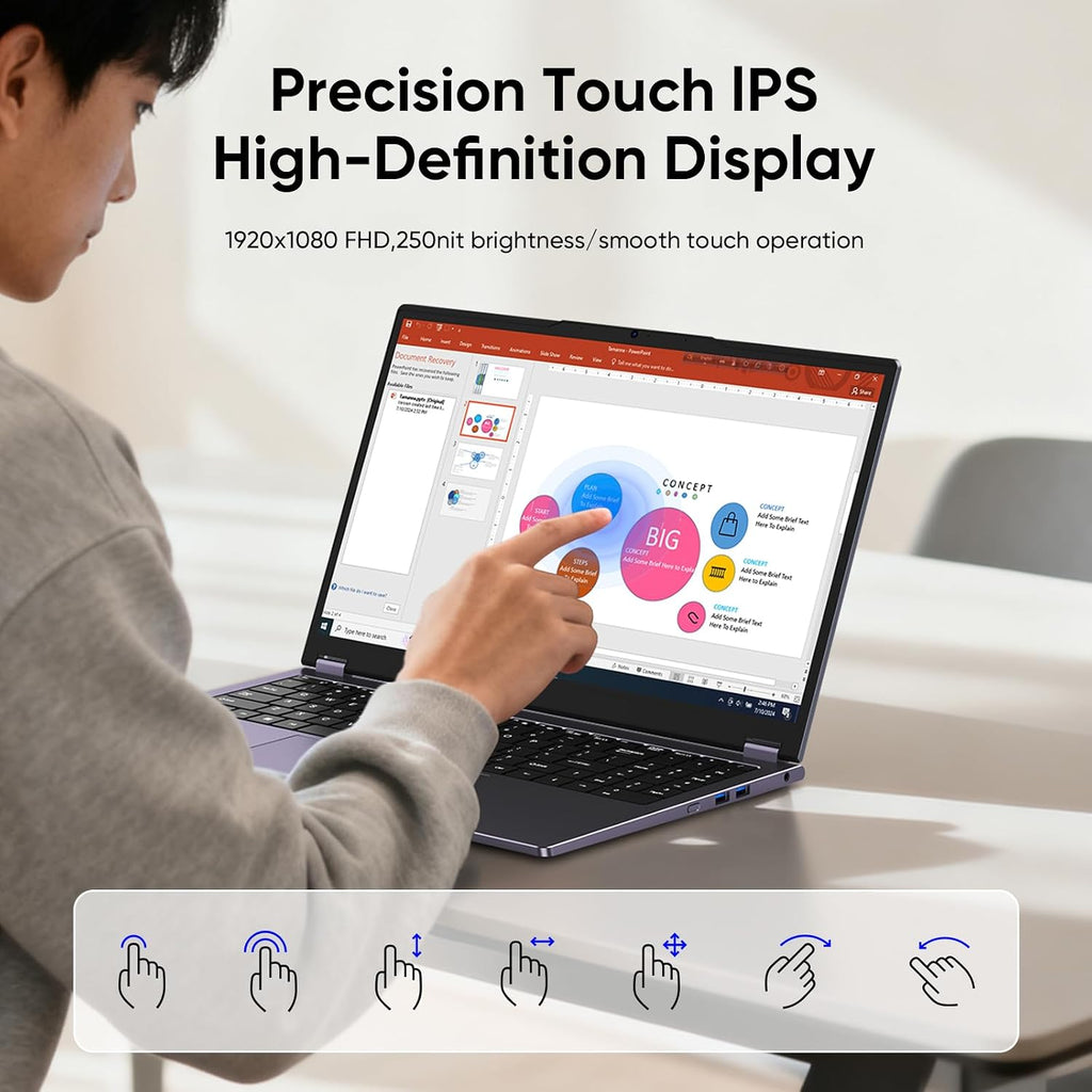 15.6' Laptop Computer 2-in-1,Win 11 Pro 8GB RAM 256GB SSD Core m3 8100Y(up to 3.40 GHz),MS Office 365 Ultra-Thin,FHD Touchscreen, Wi-Fi 5, BT5.1, RJ45,(2in1 8GB RAM 256GB SSD)