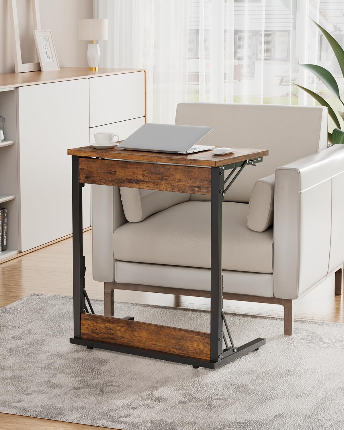 Tatub Folding TV Tray Table Set of 4, 24' Wide C-Shaped End Table for Couches, Small Sofa-Side Laptop Desk with Metal Frame for Living Room, Bedroom, Rustic-Brown