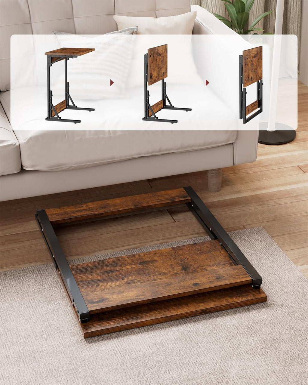 Tatub Folding TV Tray Table Set of 4, 24' Wide C-Shaped End Table for Couches, Small Sofa-Side Laptop Desk with Metal Frame for Living Room, Bedroom, Rustic-Brown