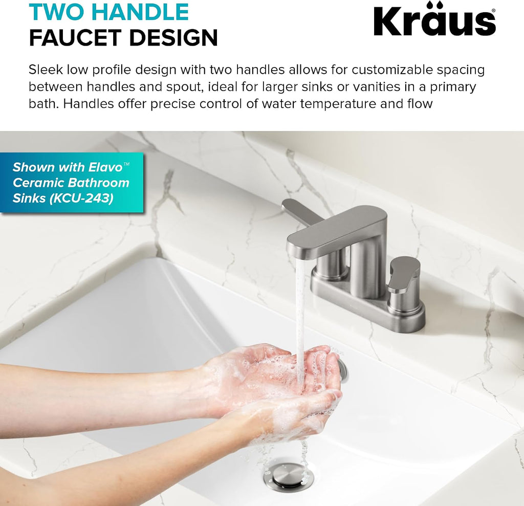 KRAUS Indy Centerset Bathroom Faucet in Spot-Free Brushed Nickel with 2 Handles, Pop Up Drain and Supply Lines, FUS-14102SFBN