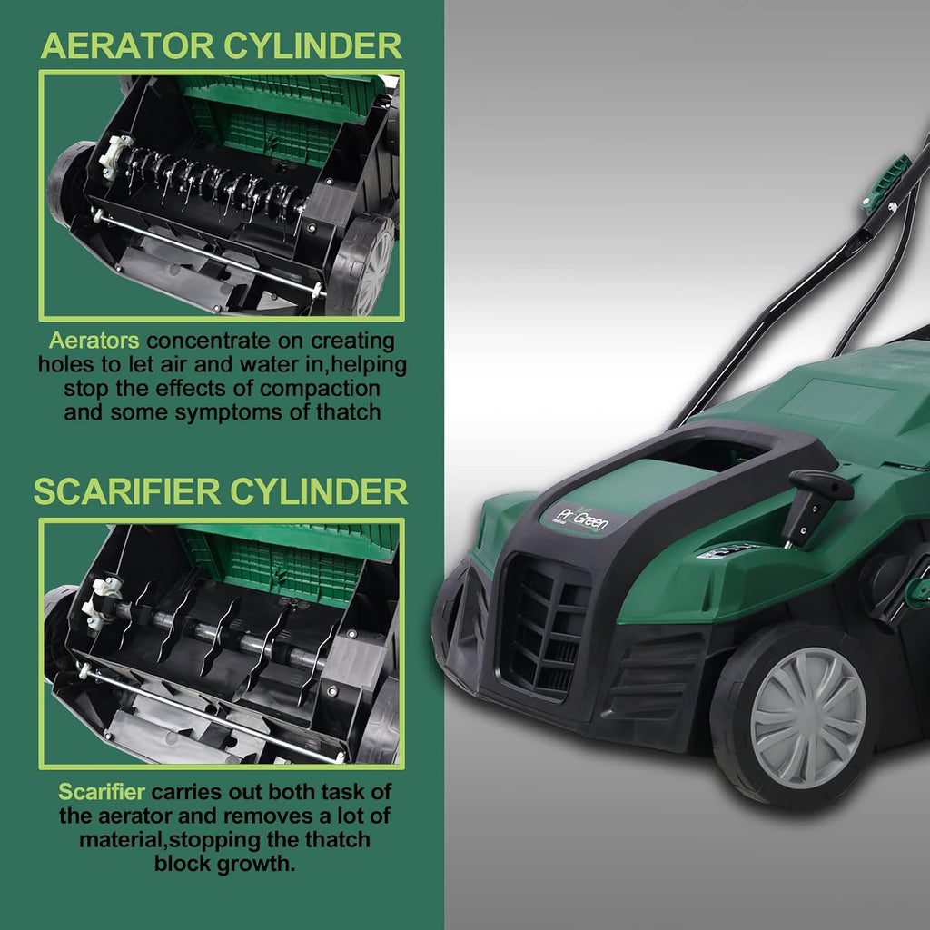 Corded Garden Scarifier, 2-in-1 Electric Dethatcher and Scarifier with 58QT Removable Collection Bag, 16-Inch 15 Amp Push Electric Lawn Dethatcher