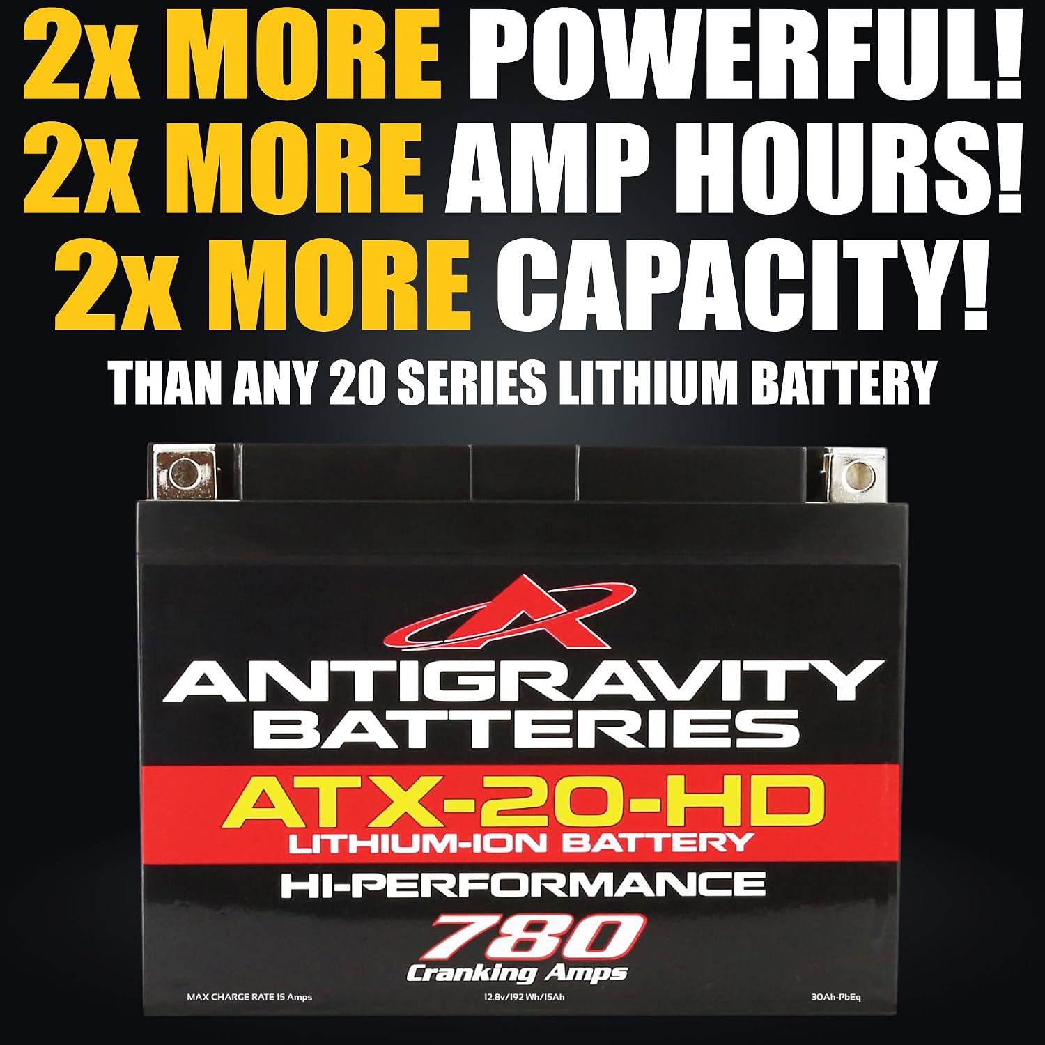 Antigravity ATX20-HD Lithium Motorcycle Battery, 780 Cranking Amps, 15Ah, YTX20 Replacement, Heavy Duty 12V Powersport Battery for Touring Motorcycles, ATV, UTV