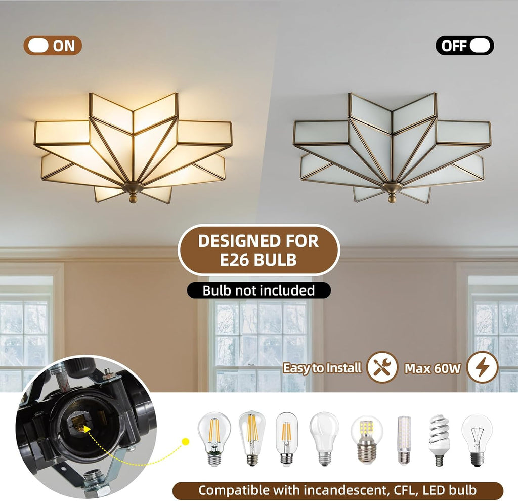 Star Brass Glass Ceiling Light - 19.5 In Black Large Flush Mount Fixture - Art Deco Mid Century Vintage Modern Moravian Lighting Light for Bedroom Dining Kitchen Foyer Farmhouse Living Room