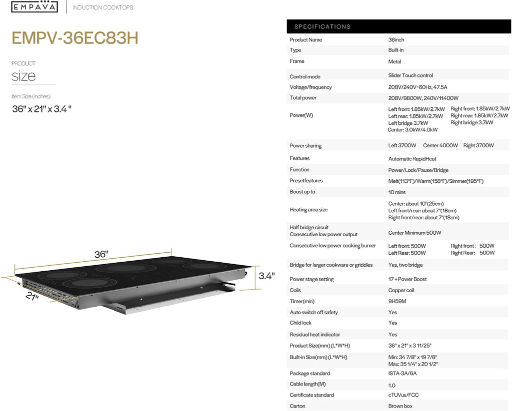 Built-in Electric Induction 36 Inch, Bridge-SYNC Element Auto RapidHeat, 3 Preset Modes, Pan Sensor, Hardwired 208~240V, 50A, Black Vitro Ceramic Glass