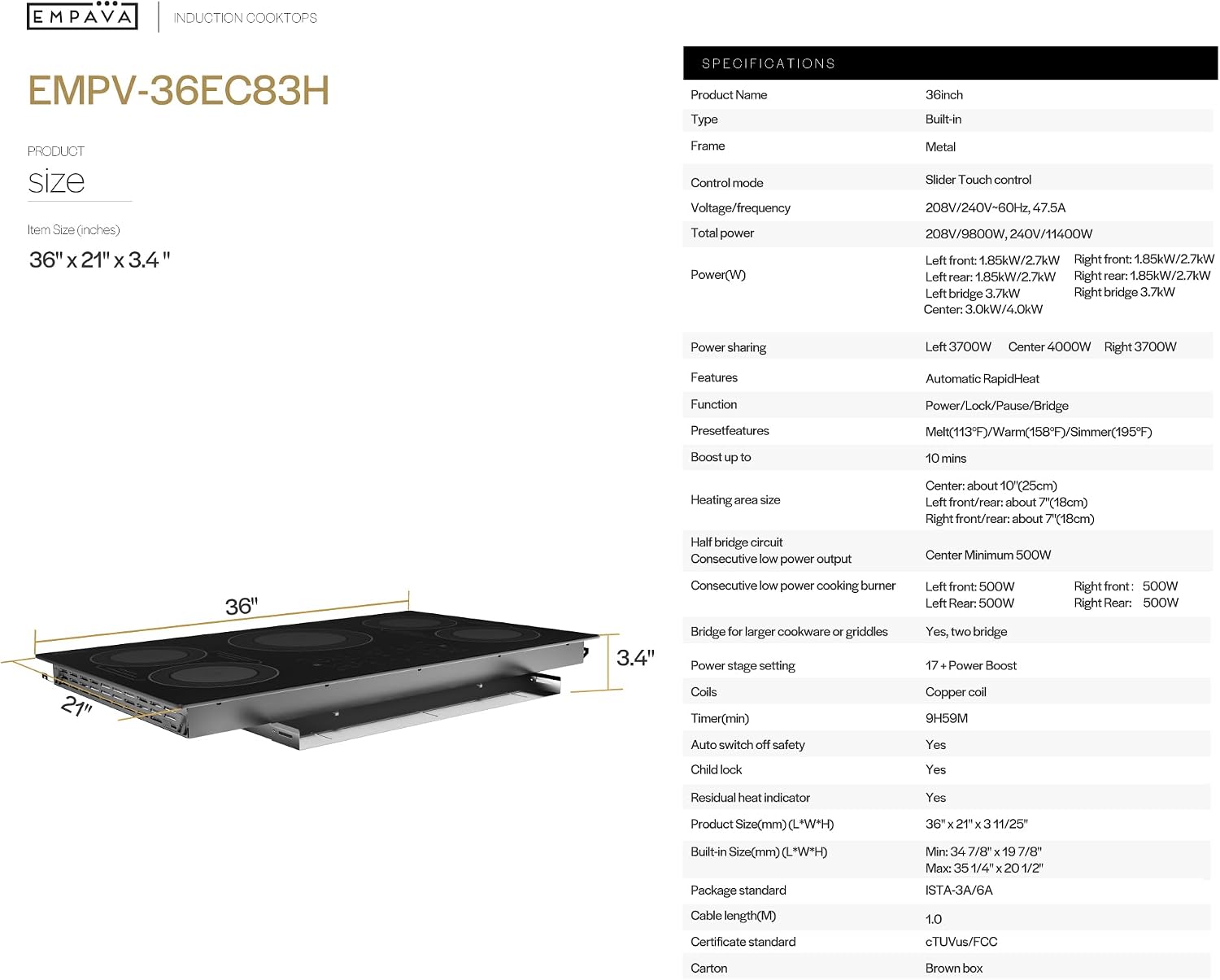 Built-in Electric Induction 36 Inch, Bridge-SYNC Element Auto RapidHeat, 3 Preset Modes, Pan Sensor, Hardwired 208~240V, 50A, Black Vitro Ceramic Glass