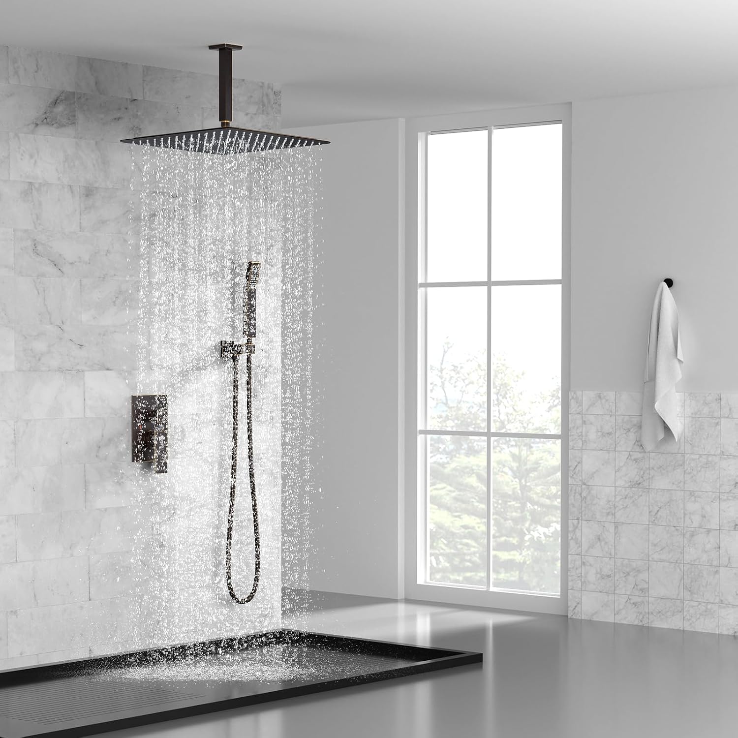 SR SUN RISE 16 Inches Oil Rubbed Bronze Shower Faucets Sets Complete Bathroom Rain Mixer Shower System Ceiling Mounted Rainfall Shower Head System (Contain Shower Faucet Rough-In Valve Body and Trim)