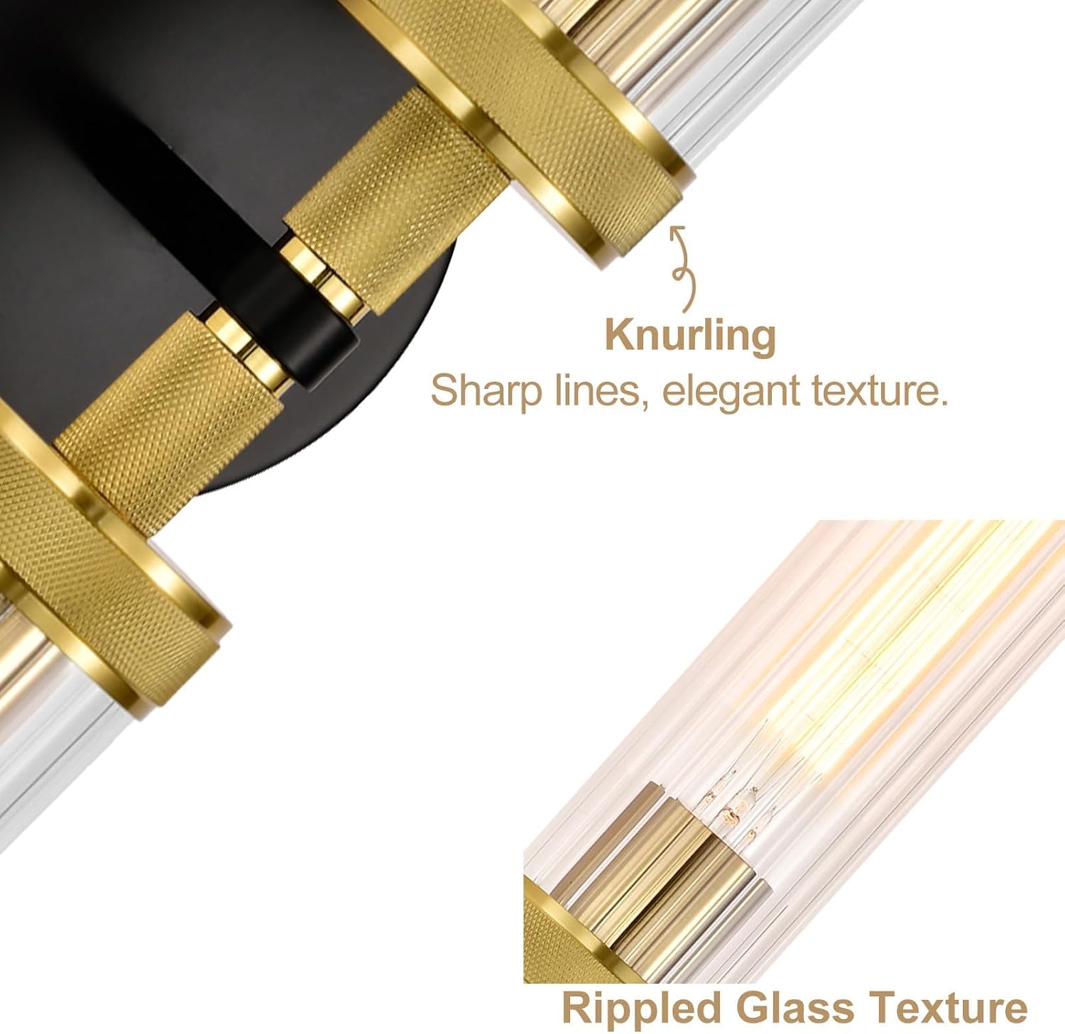 LaLuLa Black and Gold Vanity Light Fixtures 2-Pack – Modern Hardwired Dual-Light Wall Sconces with Rippled Glass Shades, Textured Metal Bathroom Lighting for Over Mirror or Hallway, 25' Height
