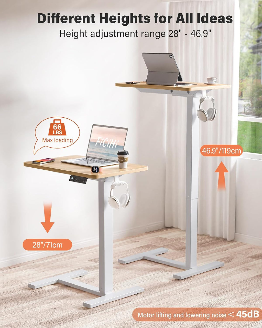 FiCiHi Small Electric Standing Desk - Adjustable Height Bedside Laptop Table with Wheels, Mobile, Portable Rolling Computer Workstation Sit Stand Table for Home Office, Sofa, Couch Use(28x16,Maple)