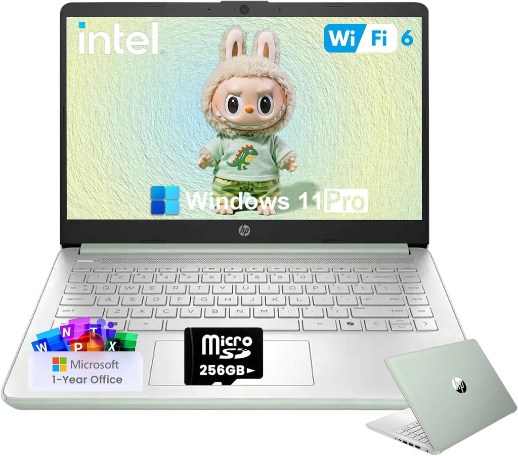 HP 2025 Student Business Laptop Computer - w/1 Year Office 365, 16GB RAM, 128GB UFS & 256GB SD Card, Ai Copilot Intel 4-Core Processor, HD Display, Windows 11 Pro(Green)