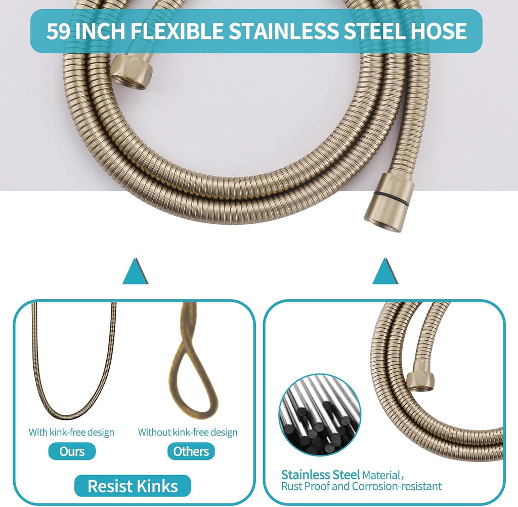 Shower Slide Bar Handheld Shower Head with Hose, Bathroom Showerhead with Handle Spray, High Pressure Shower Slide Bar Height Adjustable with 59.06 Inch Stainless Steel Hose Brushed Gold