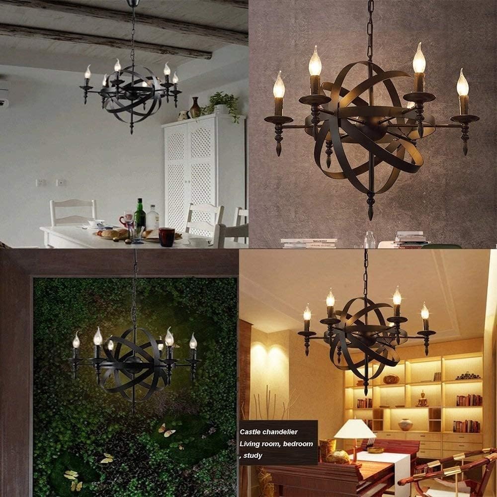 Black Metal Chandelier 6 Lights E14 Wrought Iron Pendant Light Castle Style Medieval Ceiling Light Fixture Round Candle Hanging Light,Chandeliers