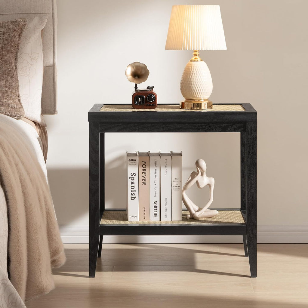 SICOTAS Rattan Nightstand Bedside Table - Farmhouse Boho Narrow Accent End Table with 2 Open Rattan Shelves for Bedroom, Living Room, Small Spaces - Black Oak