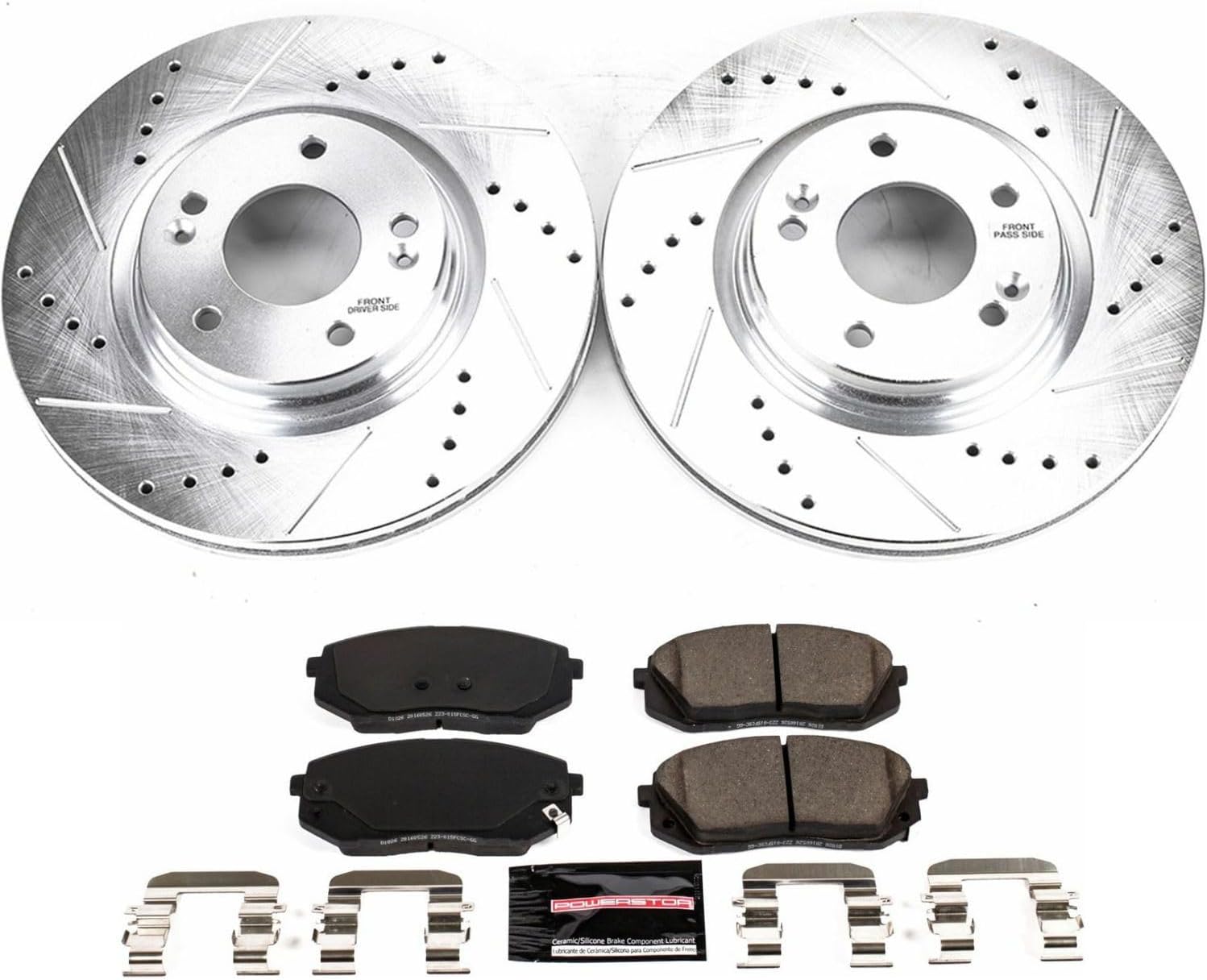PowerStop Front Brake Kit for Hyundai Kona Electric 2019-23 |Sonata 2016-19 |Kia Niro EV 2019-22 - Drilled and Slotted Disc Rotors with Carbon-Fiber Ceramic Brake Pads Replacement, K7353