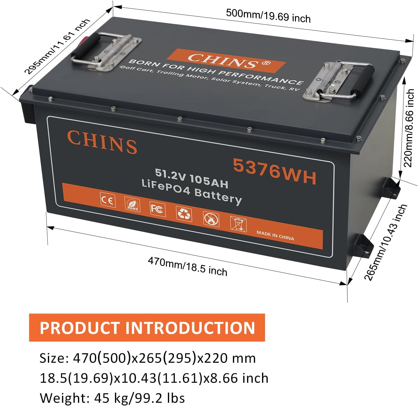 48V Golf Cart Battery 105AH with Touch Monitor & Mobile APP, 48V Lithium Battery Golf Cart with 48V 18A Charger, 200A BMS - 1000A Peak Current, 5000+ Cycles