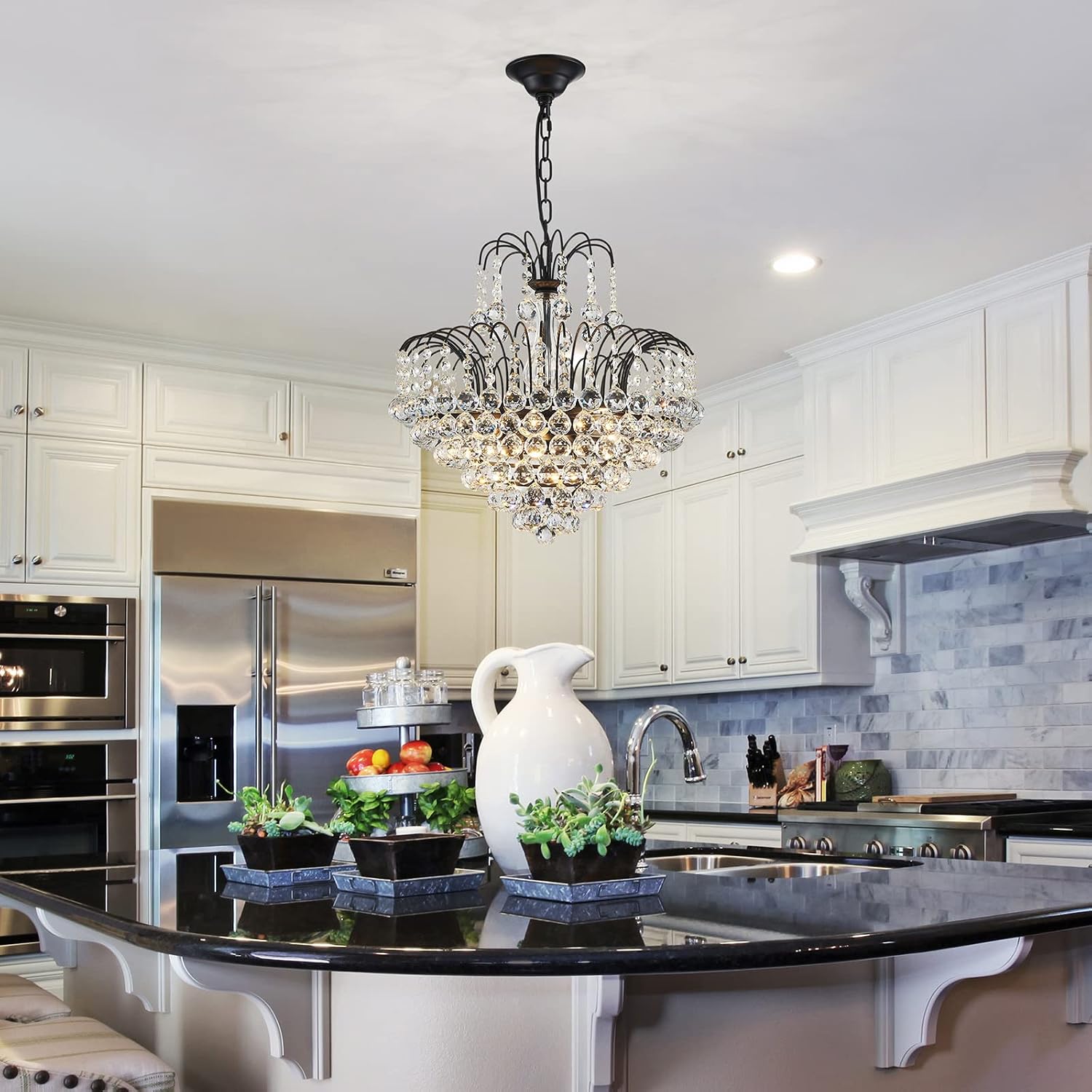 WUZUPS Crystal Chandelier Pendant Flushmount Ceiling Light Modern Lighting Fixture for Bedroom Hallway Bar Kitchen Bathroom, H 17.3' x W 18.9', Black, E12 Base