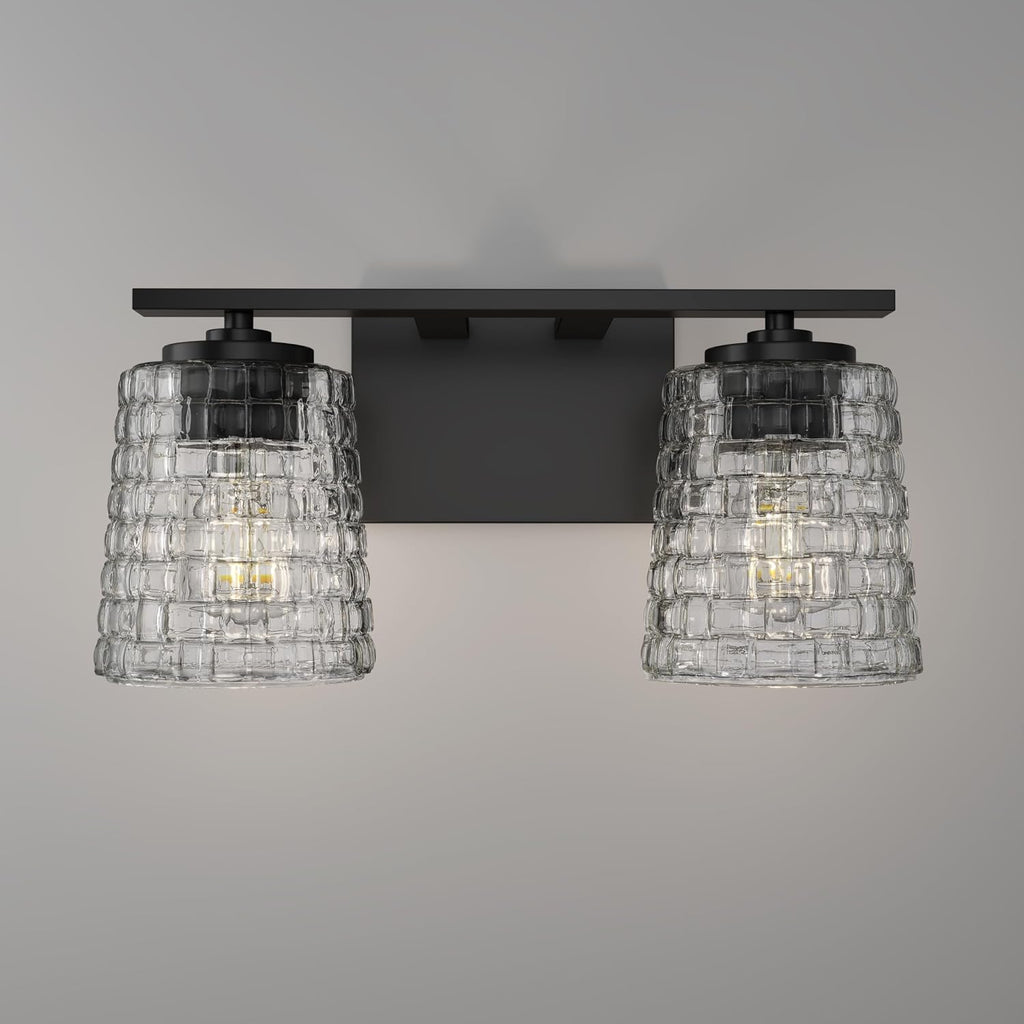 ML Lighting | Saben Collection | 22102-MB | Indoor 2 Light Vanity in Matte Black with Clear Woven Lattice Glass Shade | Elegant and Versatile Design for Any Bathroom