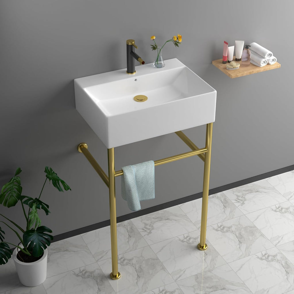 24''x16'' Modern Console Bathroom Sink with Gold Stainless Steel Pedestal Legs, Freestanding & Wall Mount Vessel Vanity Basin, Rectangular Ceramic Sink for Small Space, Brushed Gold
