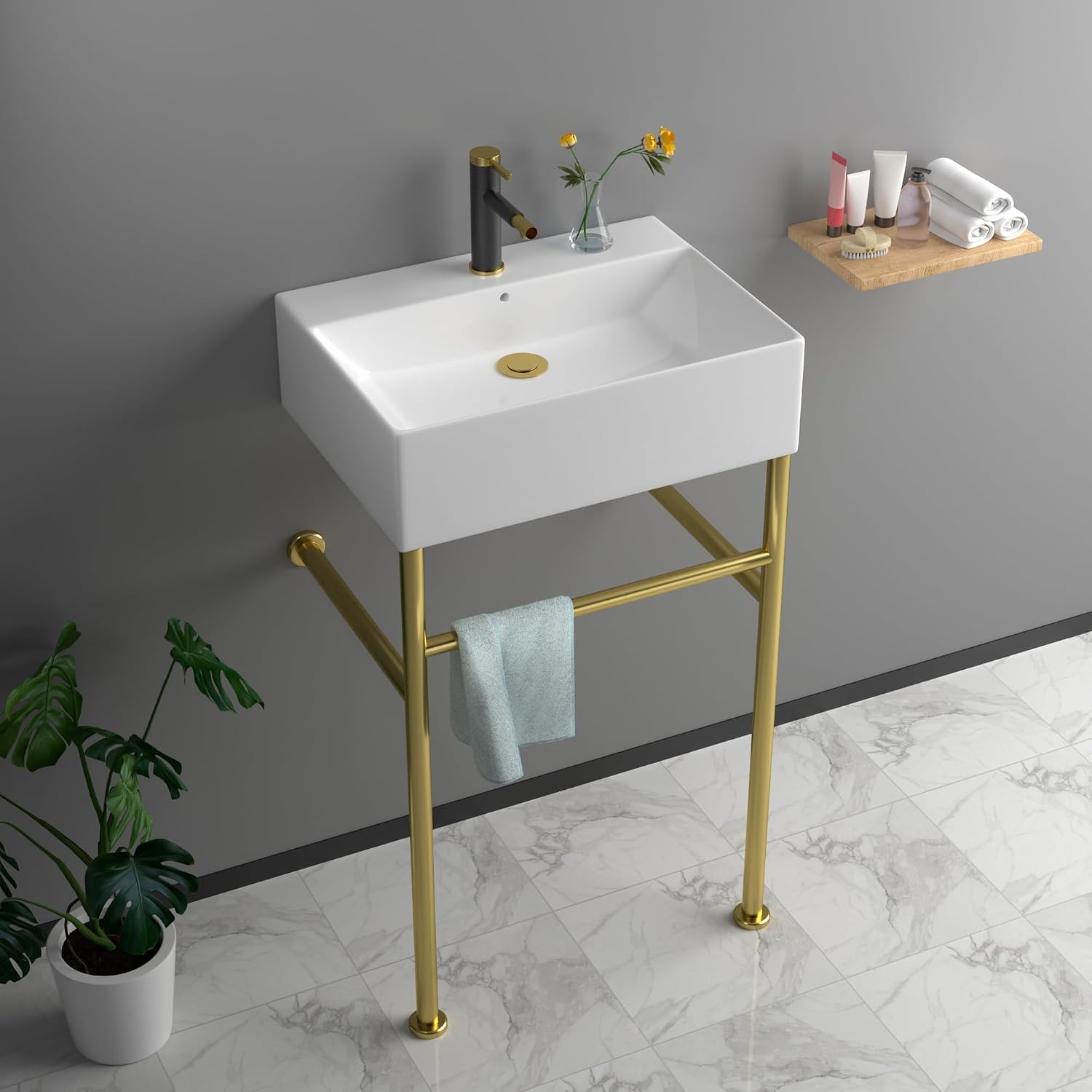 24''x16'' Modern Console Bathroom Sink with Gold Stainless Steel Pedestal Legs, Freestanding & Wall Mount Vessel Vanity Basin, Rectangular Ceramic Sink for Small Space, Brushed Gold