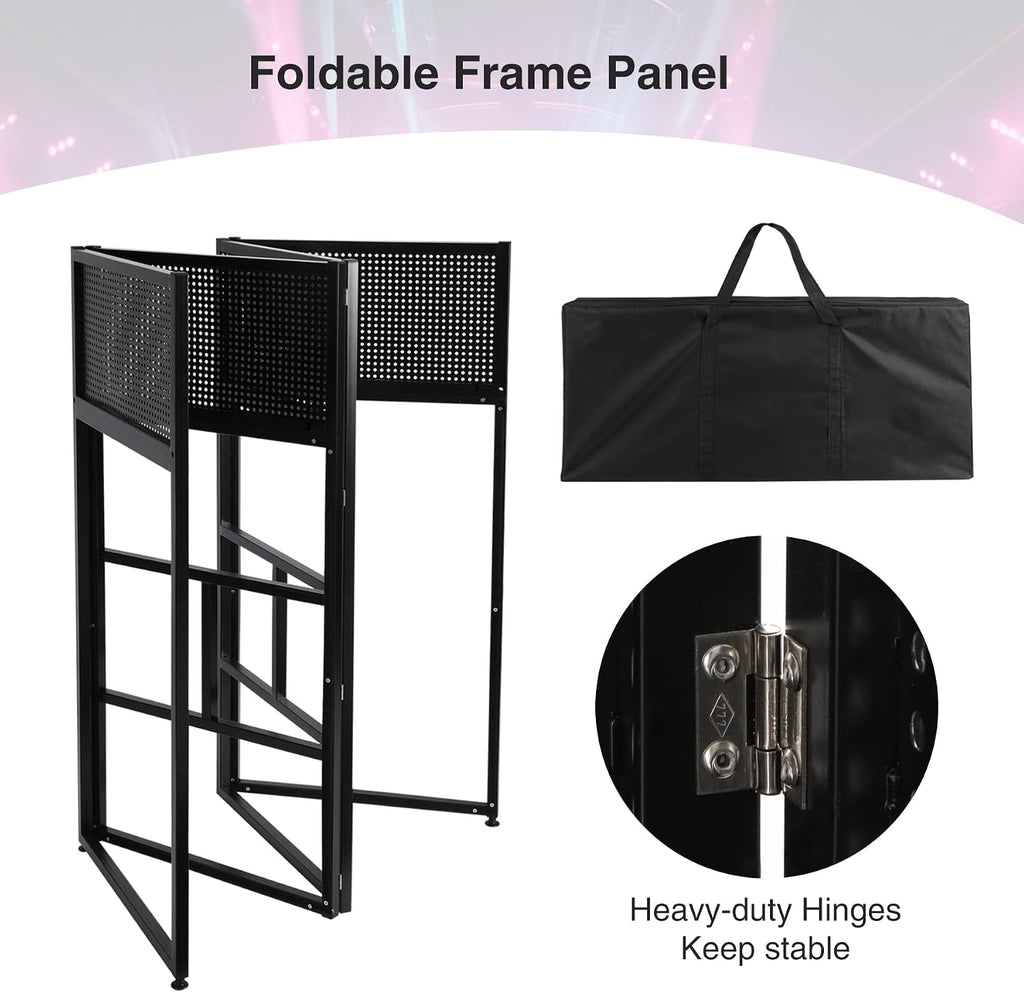 Portable DJ Facade Table Station, 41 x 20 x 40 Inches DJ Facade Booth with Black/White Scrims and Carrying Bag, Metal Frame Folding DJ Stand with Adjustable Height Feet