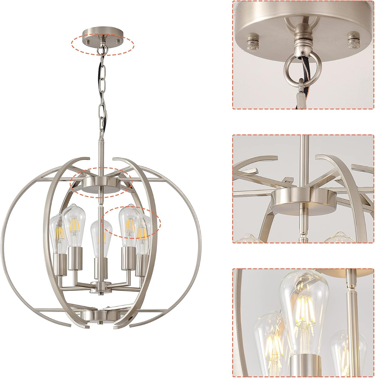 Large Lantern Globe Brushed Nickel Chandelier Lighting, Adjustable Hanging Ceiling Pendant 5 Light for Kitchen, Dining Room, Living Room, Hallway, Bedroom