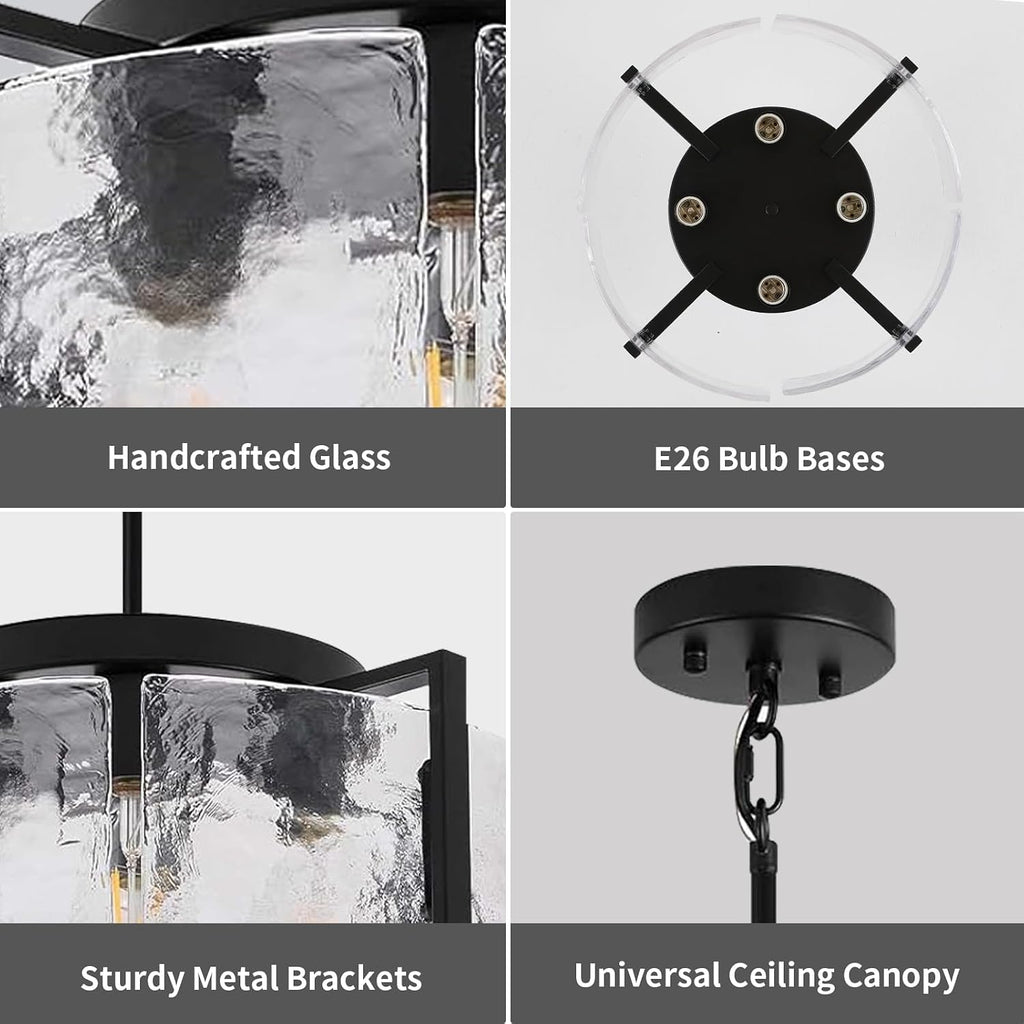 Black Dining Room Light Fixture, 4-Light Glass Drum Chandelier for Entryway, Farmhouse Kitchen Chandeliers Over Table Modern Lighting Fixtures for Hallway Foyer Living Room Bedroom