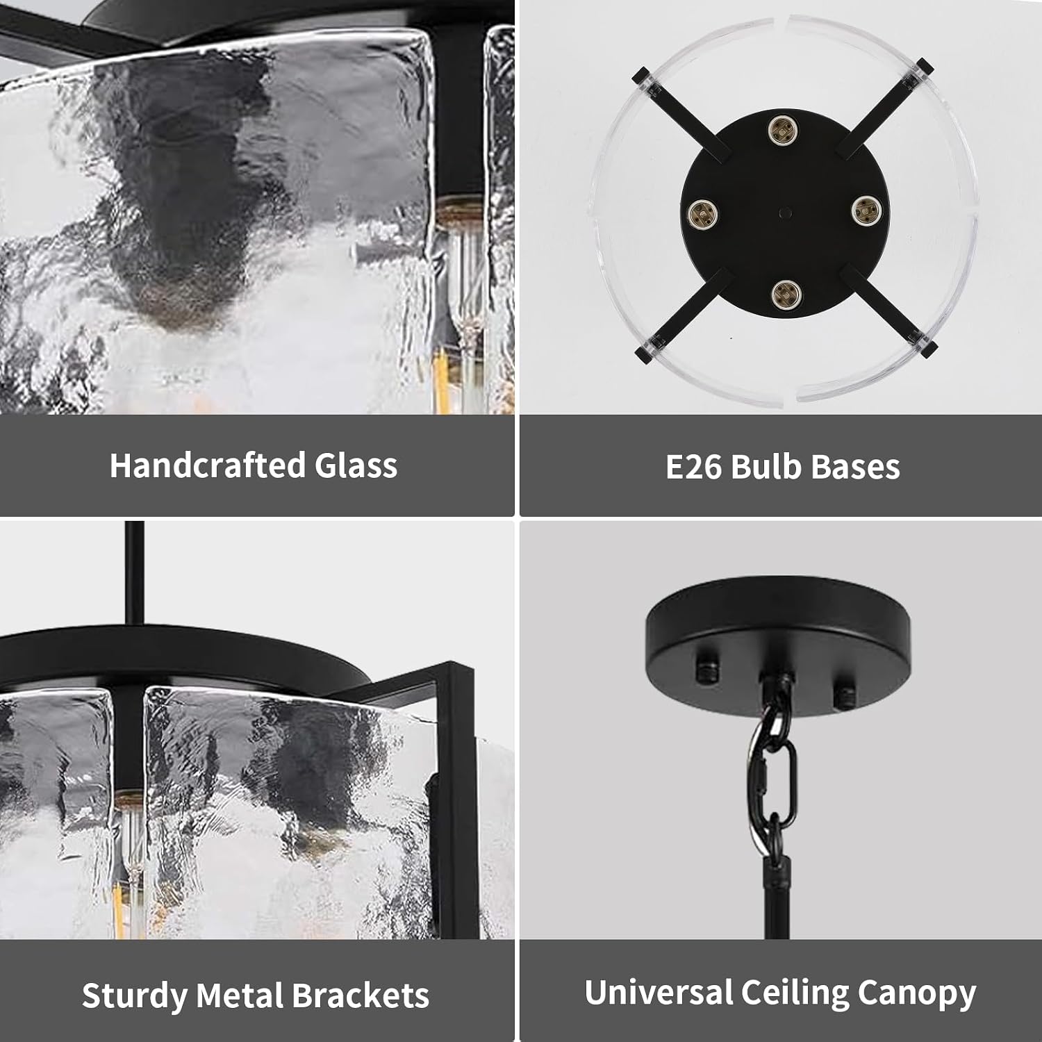 Black Dining Room Light Fixture, 4-Light Glass Drum Chandelier for Entryway, Farmhouse Kitchen Chandeliers Over Table Modern Lighting Fixtures for Hallway Foyer Living Room Bedroom