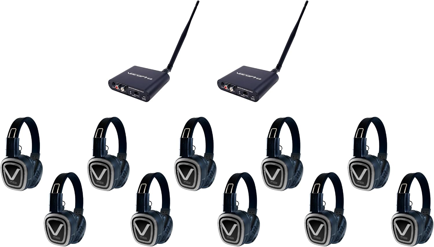 VocoPro SILENT-DISCO-PRO-210 PRO Long-Range Silent Disco/Event Package with Two Transmitters and Ten Headphone Over Ear Receivers
