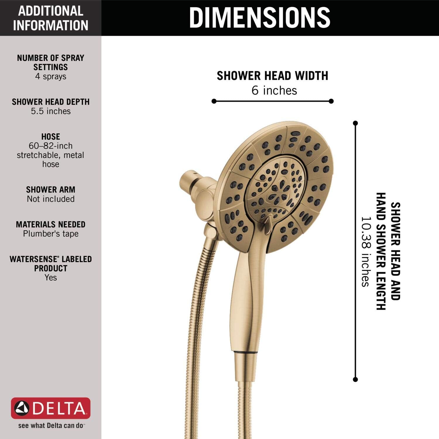 Delta 4-Setting In2ition 2-in-1 Dual Shower Head with HandHeld Spray, Brushed Gold Detachable Shower Head with Hose, Showerhead, 1.75 GPM Flow Rate, Champagne Bronze 58499-CZ