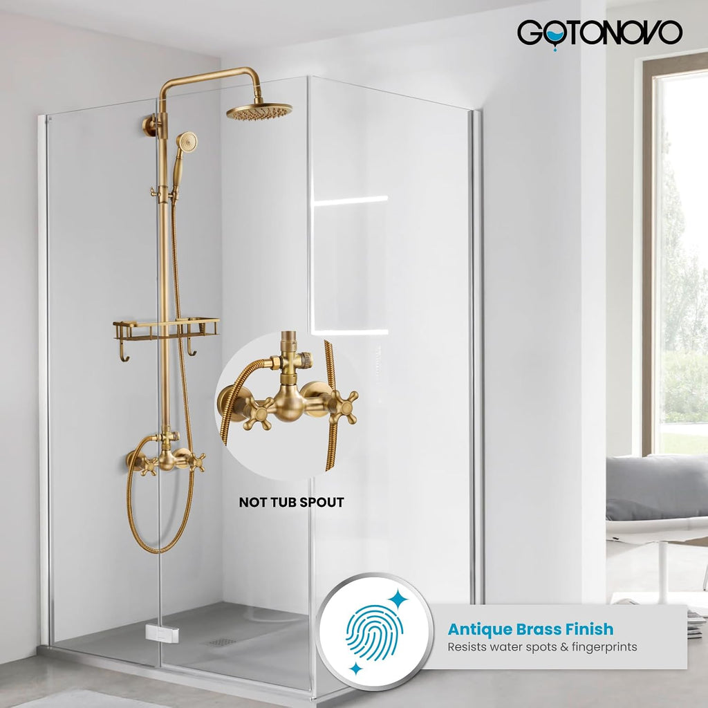 gotonovo Exposed Shower Faucet Set with Shower Shelf 8 inch Rainfall Shower Head with Handheld Sprayer Double Cross Handles Shower System Dual Functions Wall Mounted Antique Brass