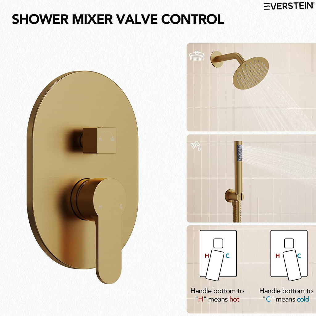 6' High-Pressure Shower System with Handheld Spray, Wall Mount Round Bathroom Shower Faucet Set with Valve (Brushed Gold)