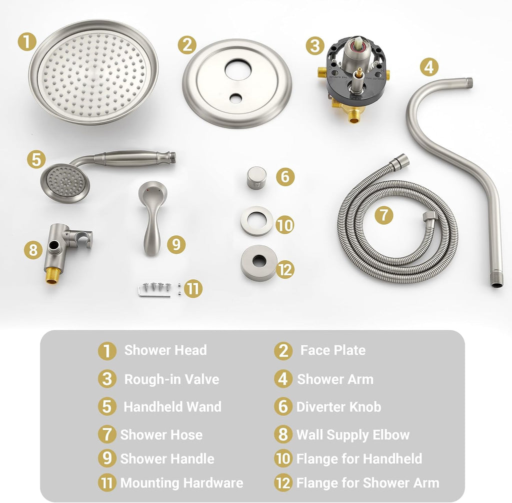 DASAN Brushed Nickel Rain Shower System Complete Antique Shower Faucet Sets, Shower Fixtures Combo Set with Pressure Balance Valve, Trim Kit, 9'' Rainfall Overhead Shower & Handheld, AT209W-BN