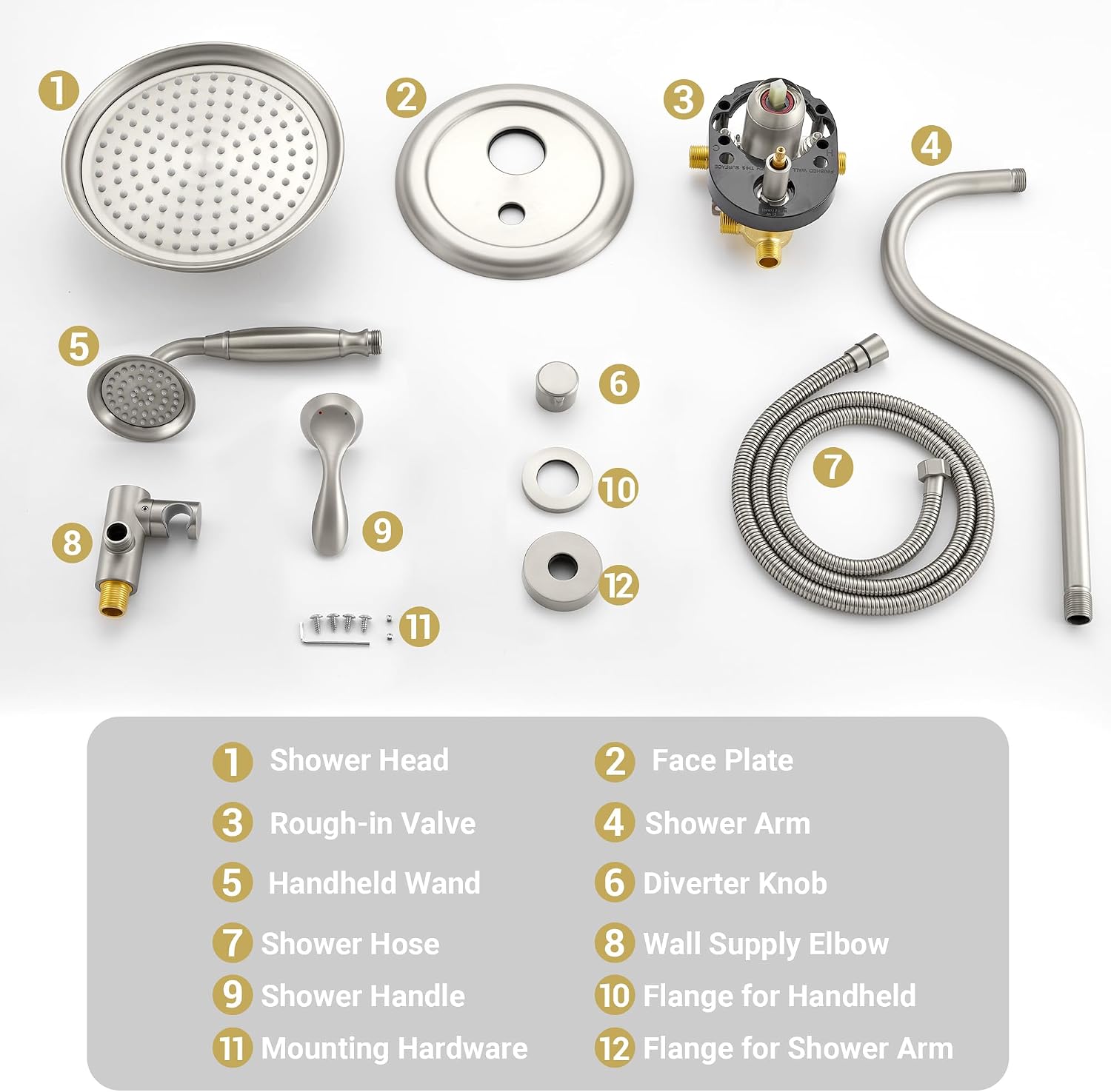 DASAN Brushed Nickel Rain Shower System Complete Antique Shower Faucet Sets, Shower Fixtures Combo Set with Pressure Balance Valve, Trim Kit, 9'' Rainfall Overhead Shower & Handheld, AT209W-BN