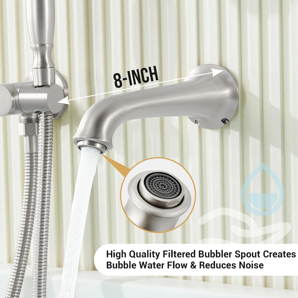 DASAN Antique Wall Mount Tub Filler Faucet with Hand Held Shower, Brushed Nickel Bathtub Faucet with Sprayer Wall Mounted Roman Bath Tub Faucet Set with High Flow Rough in Valve, AT201TF-BN