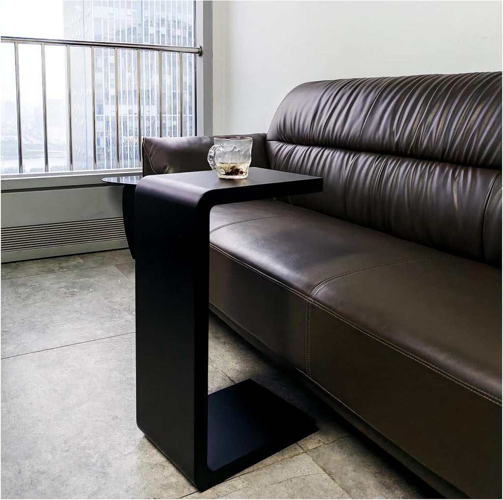 Solid Wood End Table for Couch, C Shaped Mini Sofa Side Table for Small Narrow Spaces, Wooden Nightstand for Living Room Bedroom Laptop Work Desk, Bedside Table for Office Balcony (1, black large)