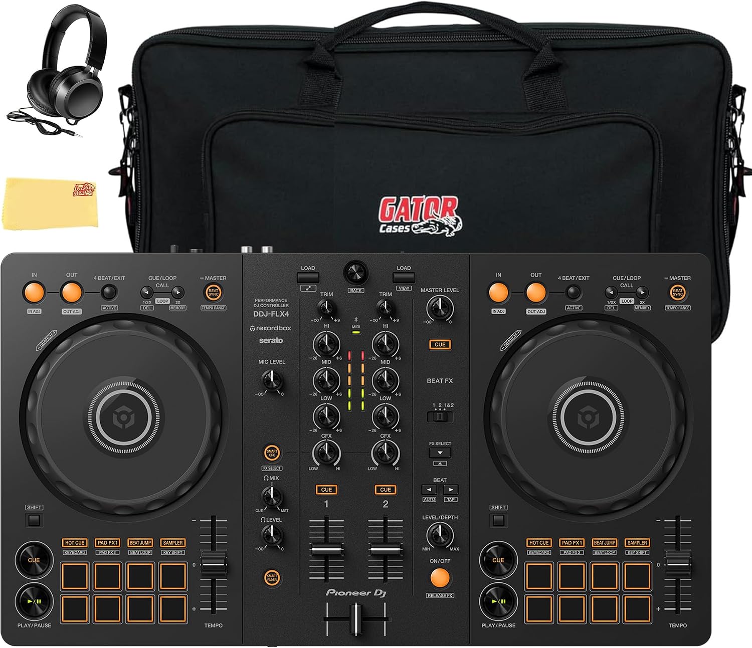 Pioneer DJ DDJ-FLX4 2-Channel DJ Controller - Black Bundle with Gator Case, Headphones, and Austin Bazaar Polishing Cloth