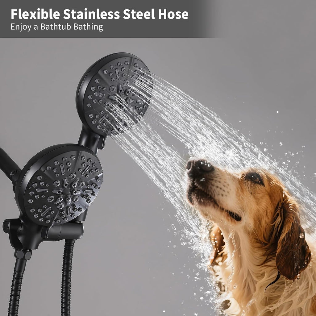 Dual Shower Head with Handheld Bathroom Double Shower Heads High Pressure 3-Way Rainfall Combo with SUS304 Hose 7-Setting Showerhead and Hand Held Shower Separately or Together Matte Black