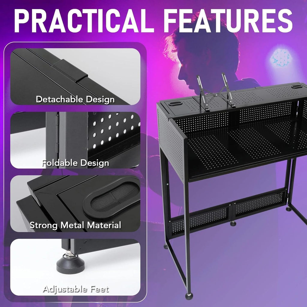 Portable DJ Booth Table, 41'L x 20'W DJ Table Stand Portable Booth Double Deck, Adjustable DJ Facade Station with White & Black Scrim, Foldable Metal Frame DJ Booth Panel for Parties, Wedding, Bars