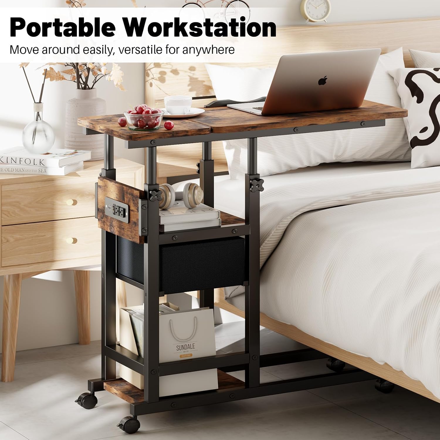 Height Adjustable Overbed Table with Wheel and Charging Station, Tiltable Desk C Shaped End Table for Couch, 2-Tier Overbed Bedside Desk with Storage Shelve for Living Room Bedroom