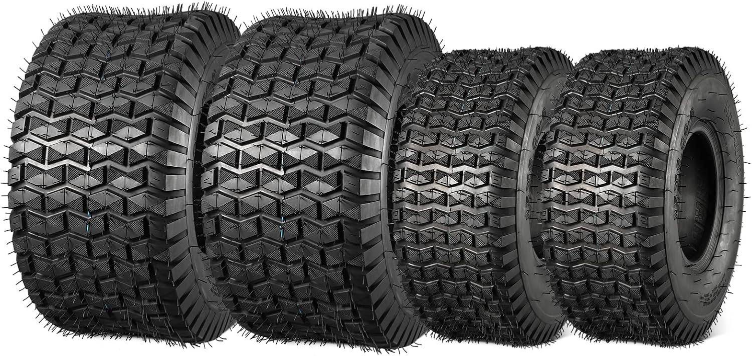 MaxAuto Lawn Mower Tires 15x6.00-6 Front & 18x9.50-8 Rear Tire, for Lawnmowers, Riding Lawn Mower, Lawn Tractor, Golf Cart, 4 Ply Tubeless Tire, FOX V1, 4 Pack in 2 Packages