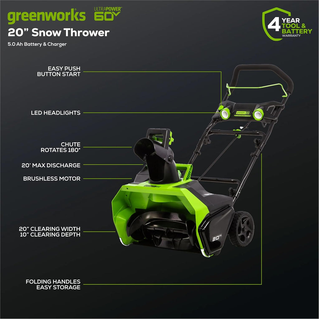 Greenworks 60V 20' Brushless Cordless Snow Blower (Single-Stage), 5.0 Ah Battery and Charger Included