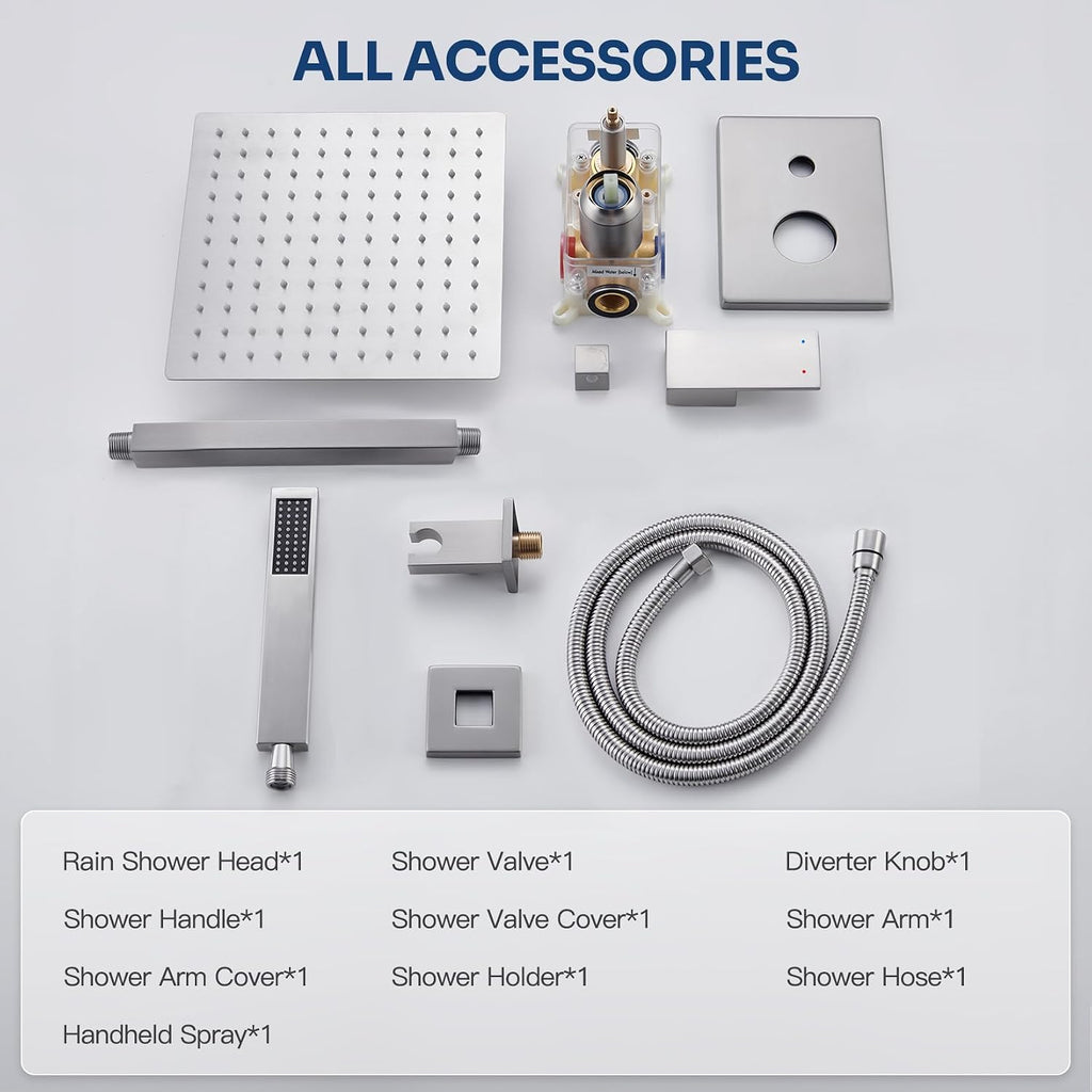 Ceiling Mount Shower System, Shower Faucet Set with 12-Inch Rain Showerhead and Handheld Spray Combo, High-Pressure Showerheads Set with Valve and Trim Kit, Brushed Nickel