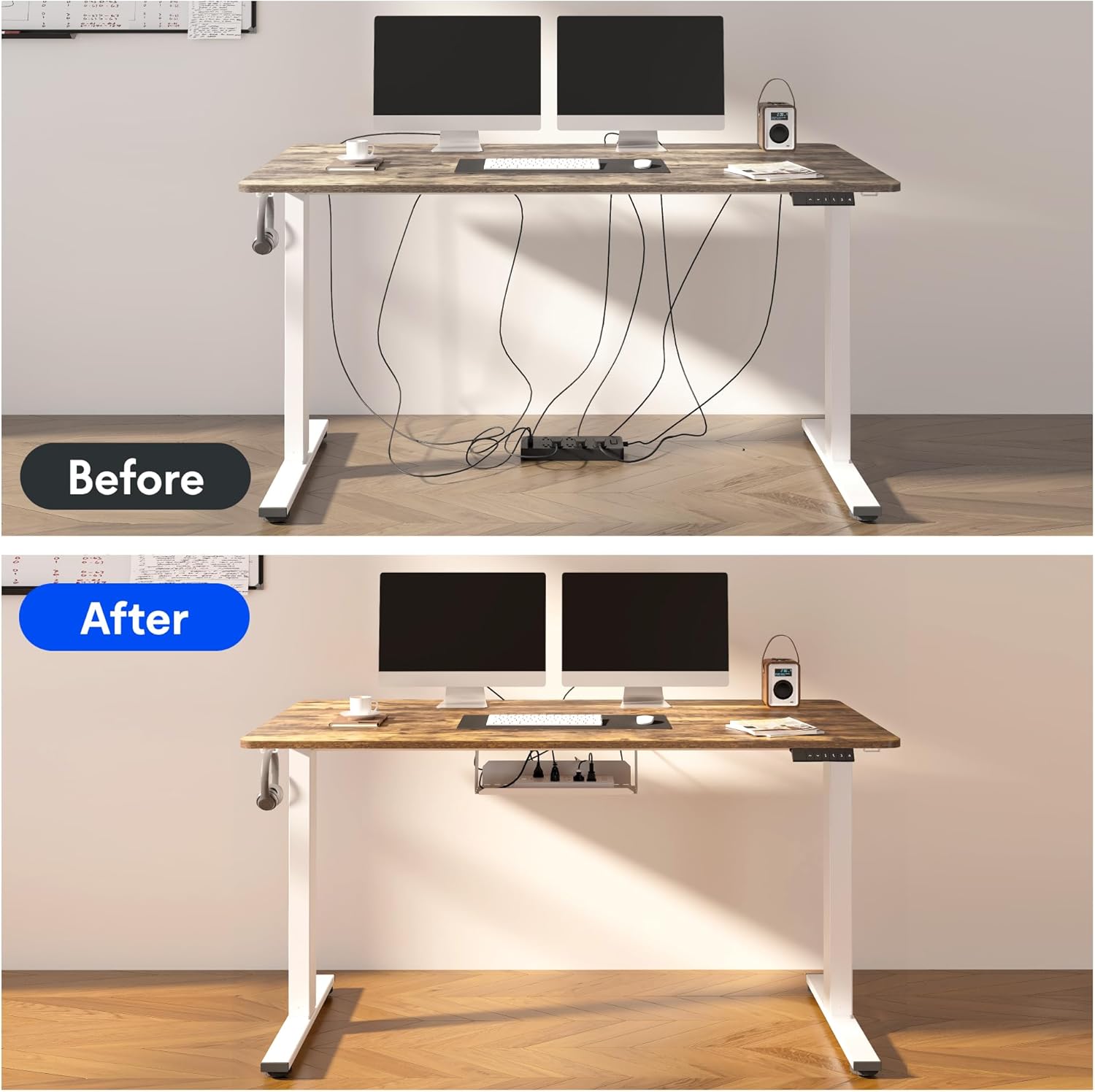 FLEXISPOT EN2 Whole-Piece Standing Desk with Clamp Power Strip, 48 x 30 Electric Stand Up Height Adjustable Desk with Cable Management (White Frame + 48' Black Walnut Desktop, 2 Packages)